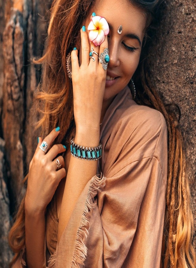 Highergo 3 Pcs Turquoise Bracelet for Women Bohemian Bracelet Western Bracelets Silver Cuff Bangle Fashion Jewelry - Image 2